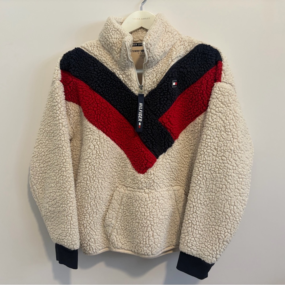 Tommy Hilfiger Cream Sherpa Pullover with Navy Accents